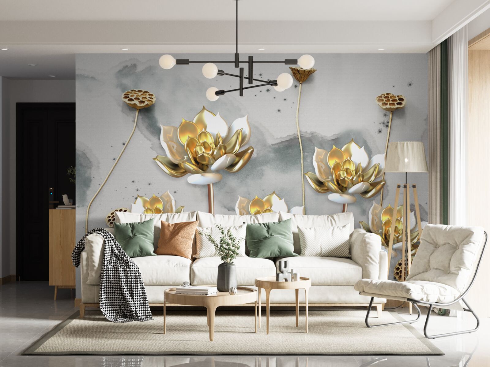 Fotobehang gouden bloemen op sierlijke stelen