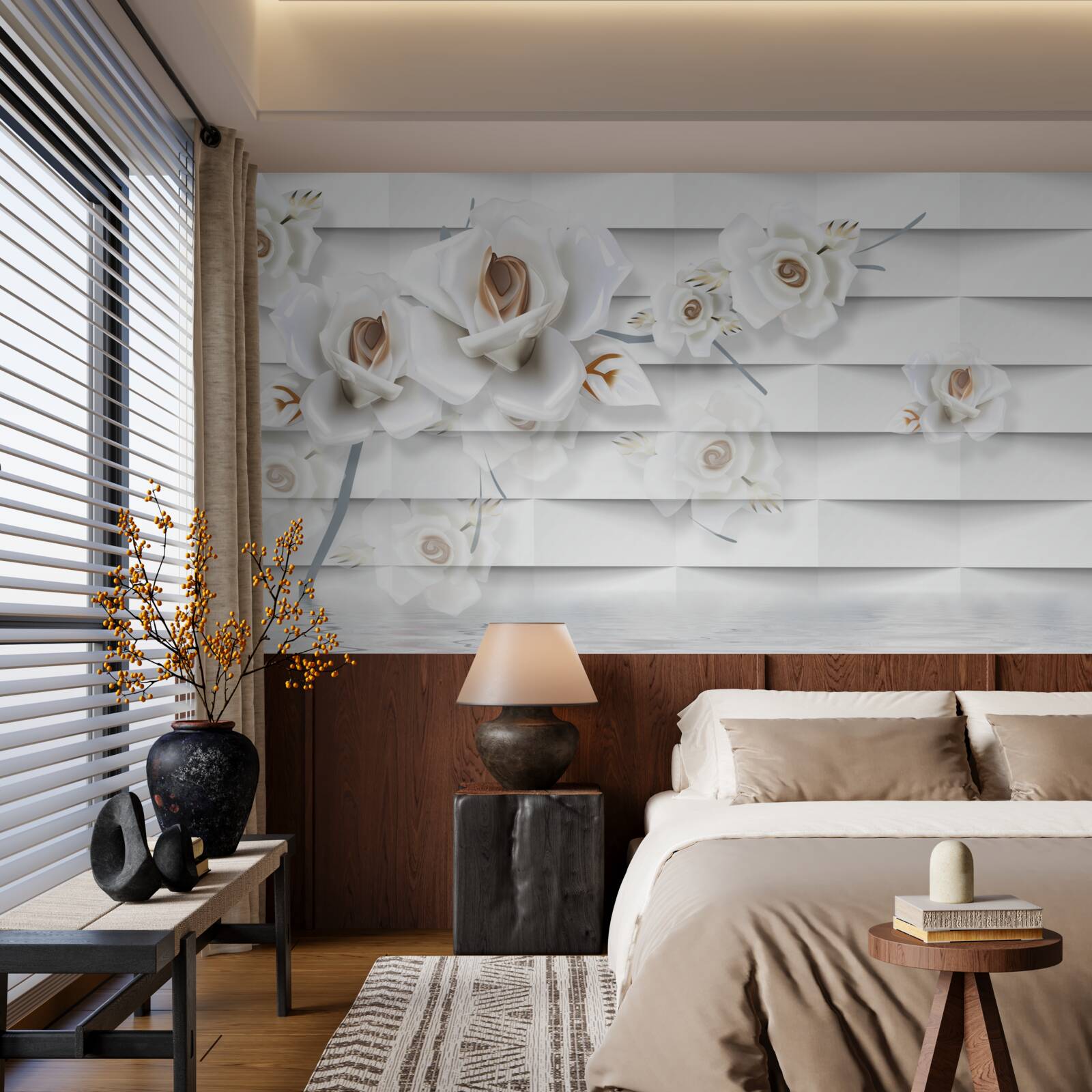 Fotobehang het kalme water is bezaaid met witte bloemen