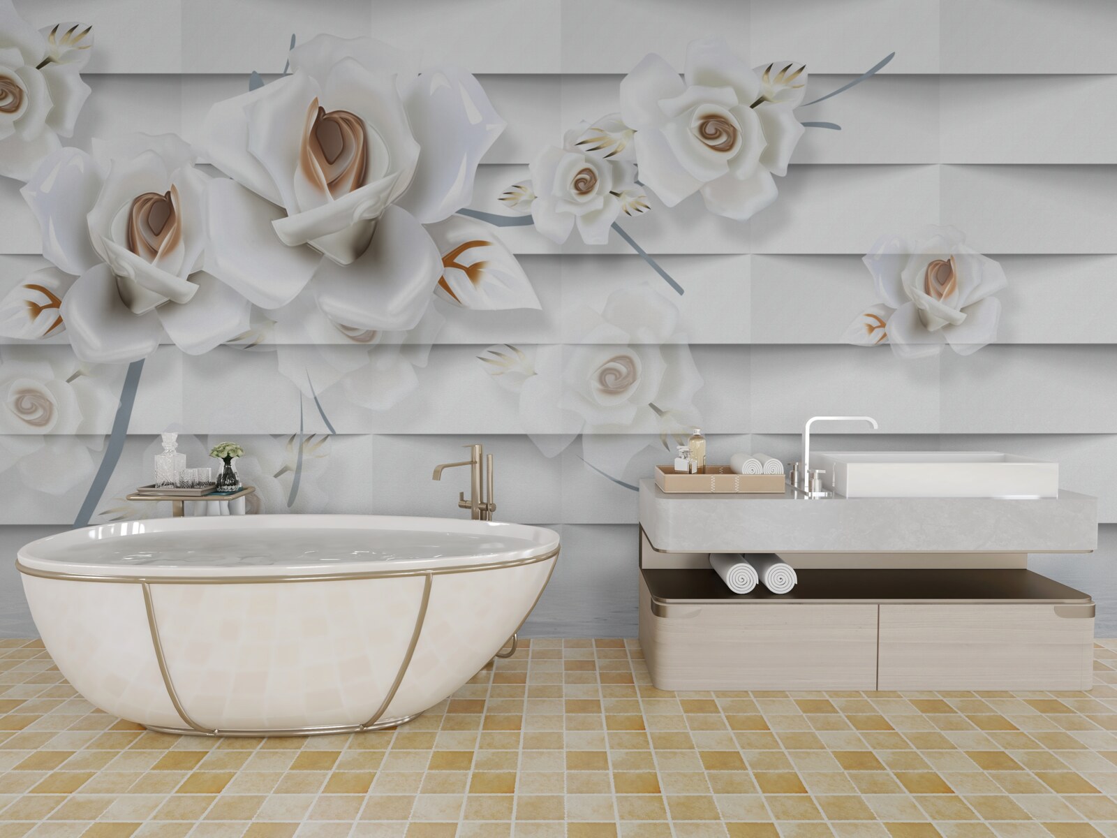 Fotobehang het kalme water is bezaaid met witte bloemen