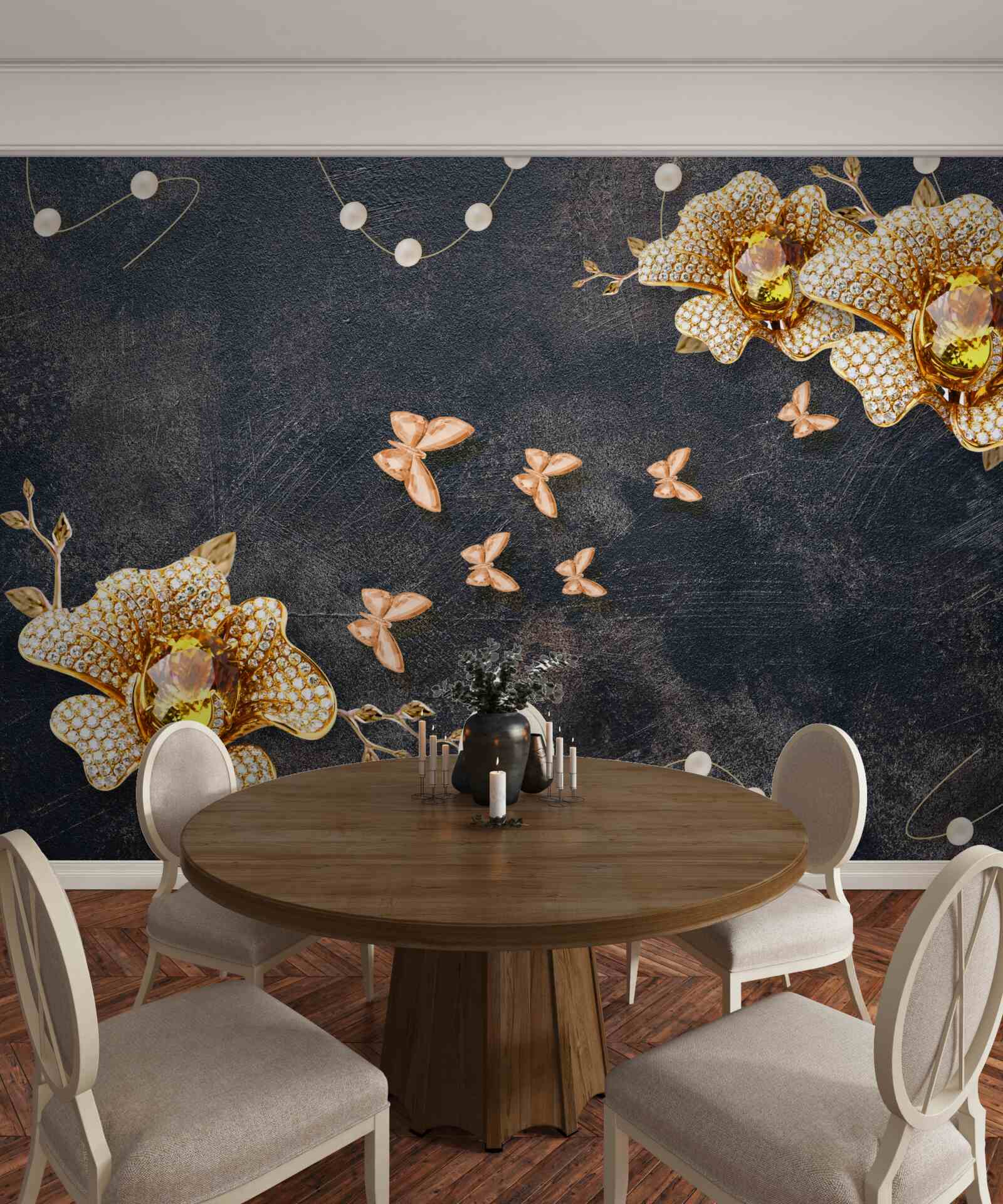 Fotobehang s avonds versieren vlinders de gouden bloemen