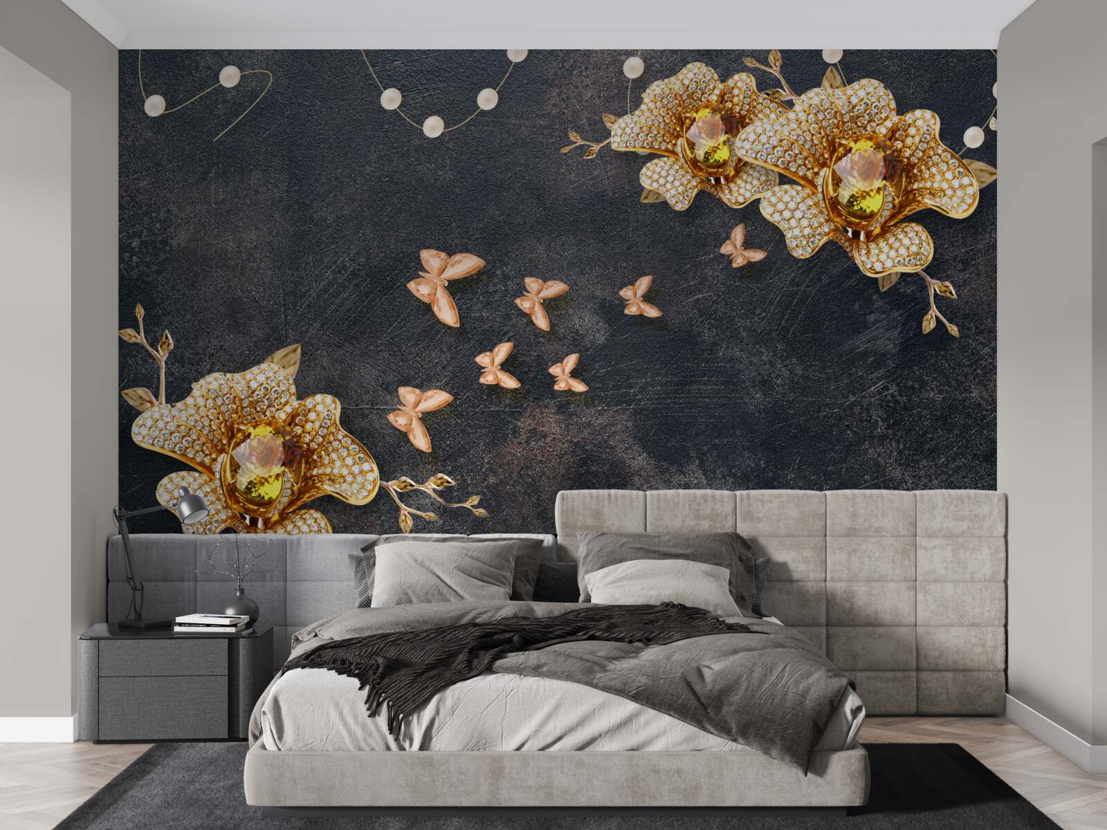 Fotobehang s avonds versieren vlinders de gouden bloemen