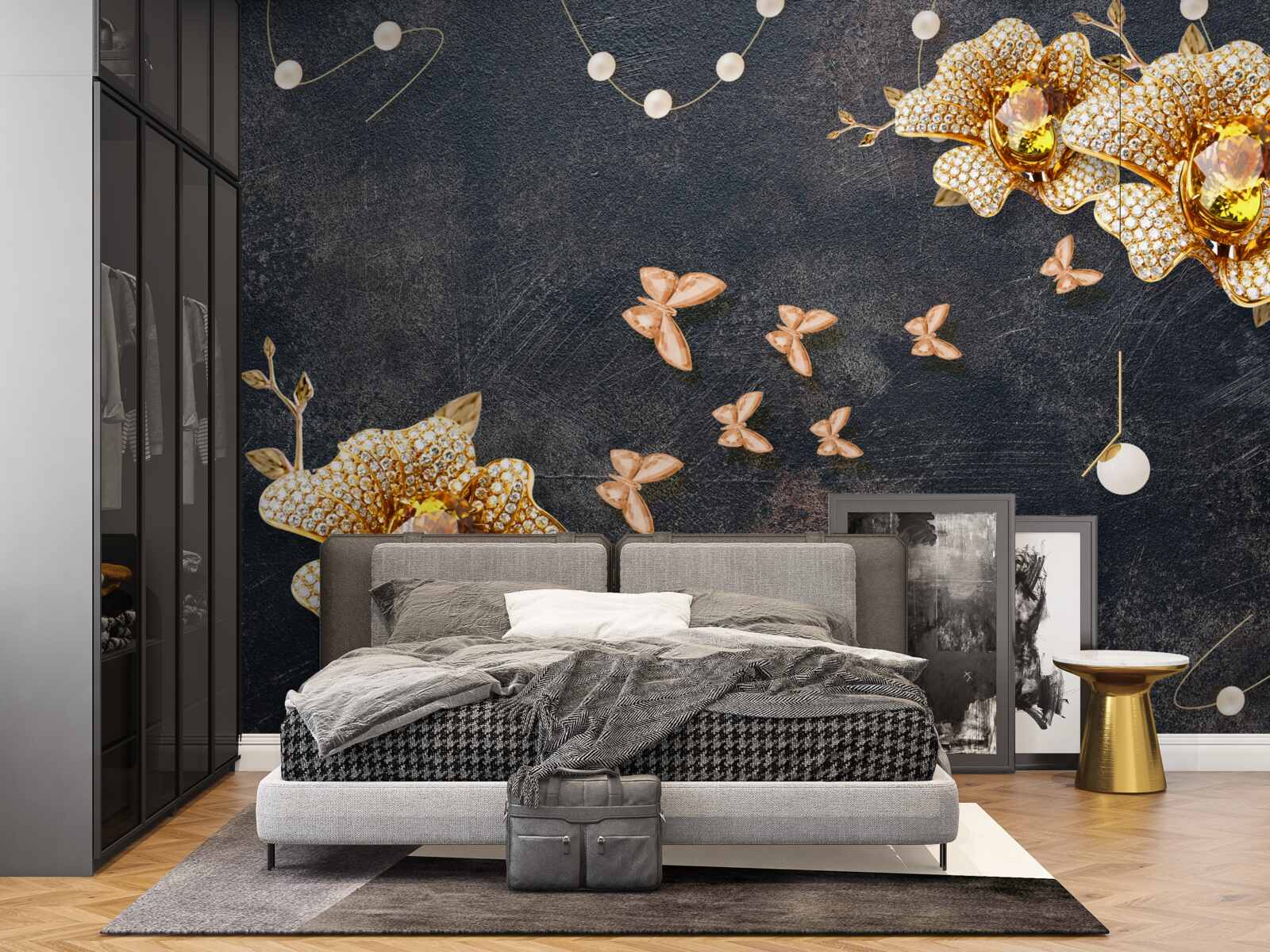 Fotobehang s avonds versieren vlinders de gouden bloemen