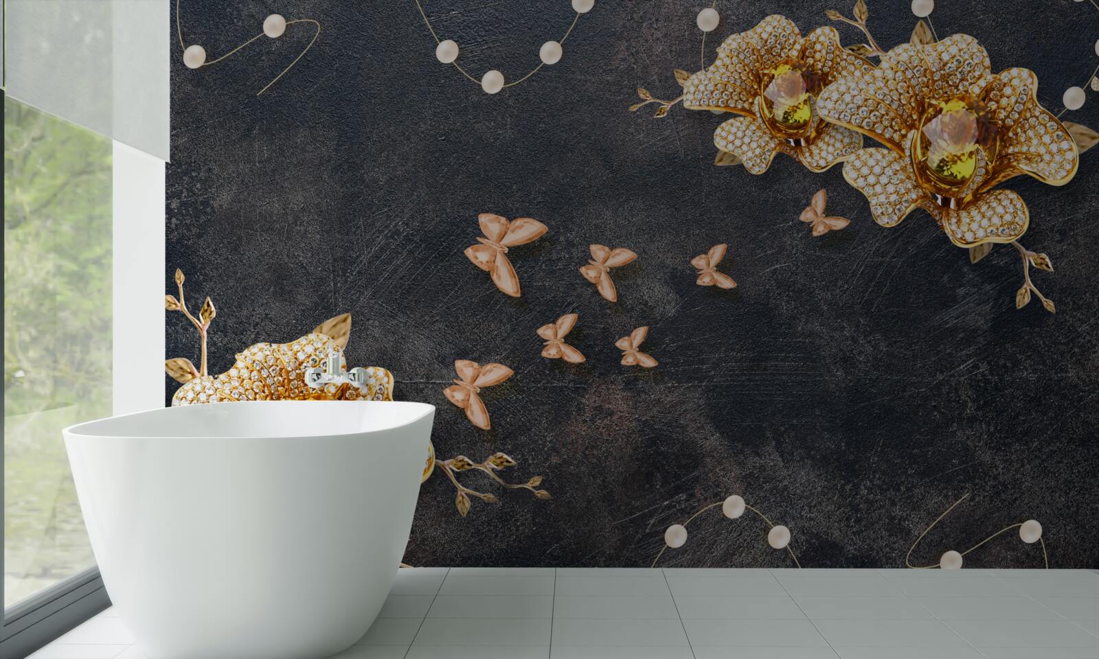 Fotobehang s avonds versieren vlinders de gouden bloemen