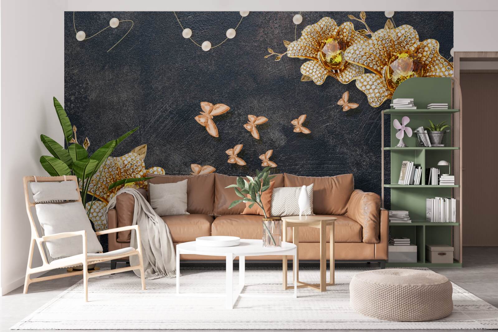 Fotobehang s avonds versieren vlinders de gouden bloemen