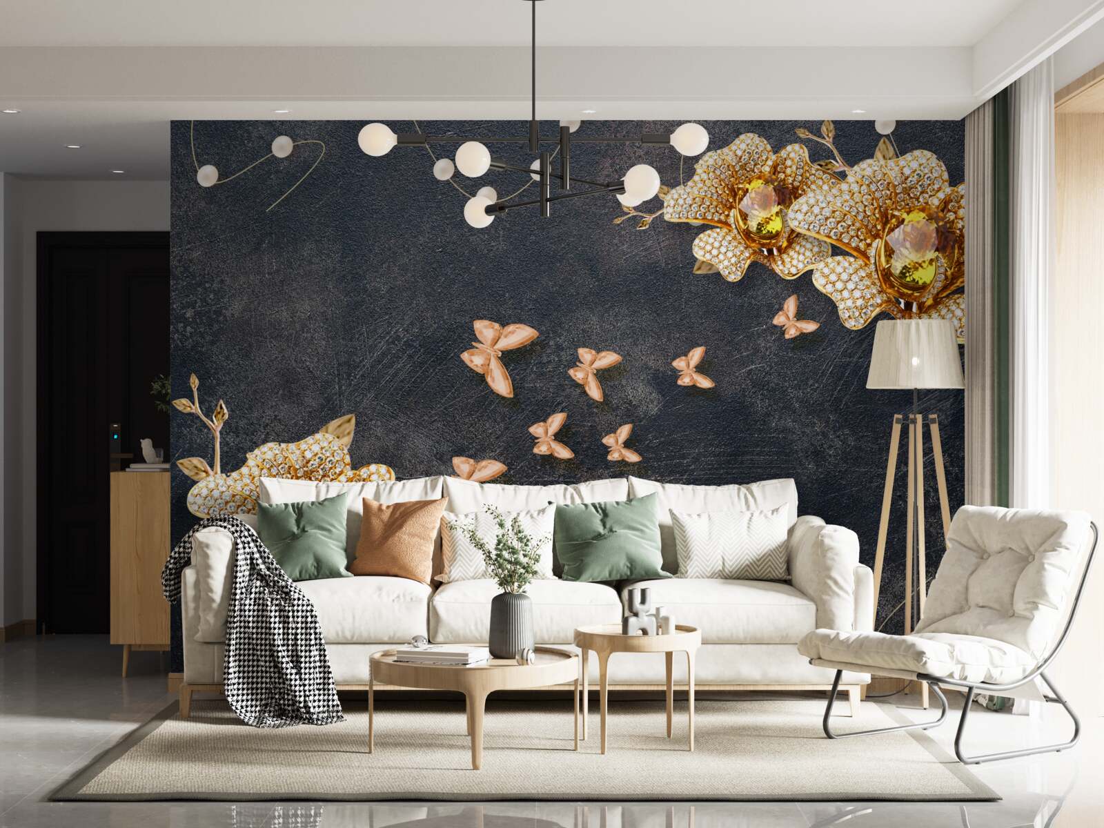 Fotobehang s avonds versieren vlinders de gouden bloemen