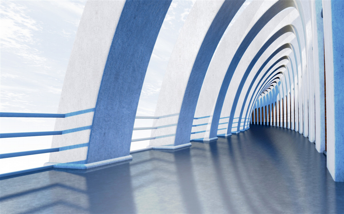 Fotobehang doorgang omringd door zuilen onder een heldere hemel