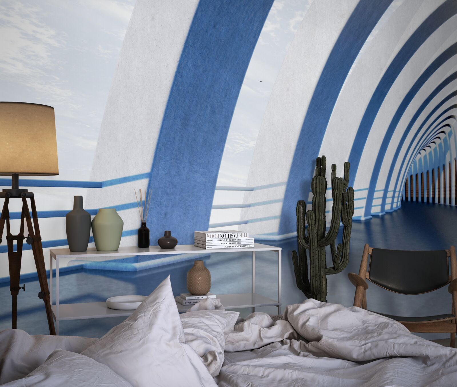 Fotobehang doorgang omringd door zuilen onder een heldere hemel