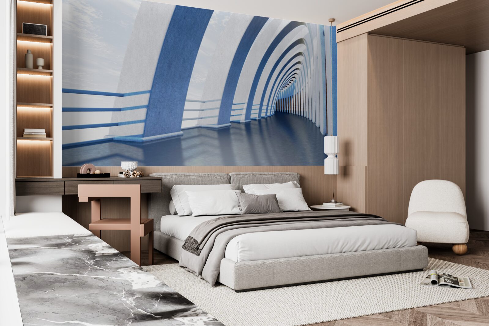 Fotobehang doorgang omringd door zuilen onder een heldere hemel