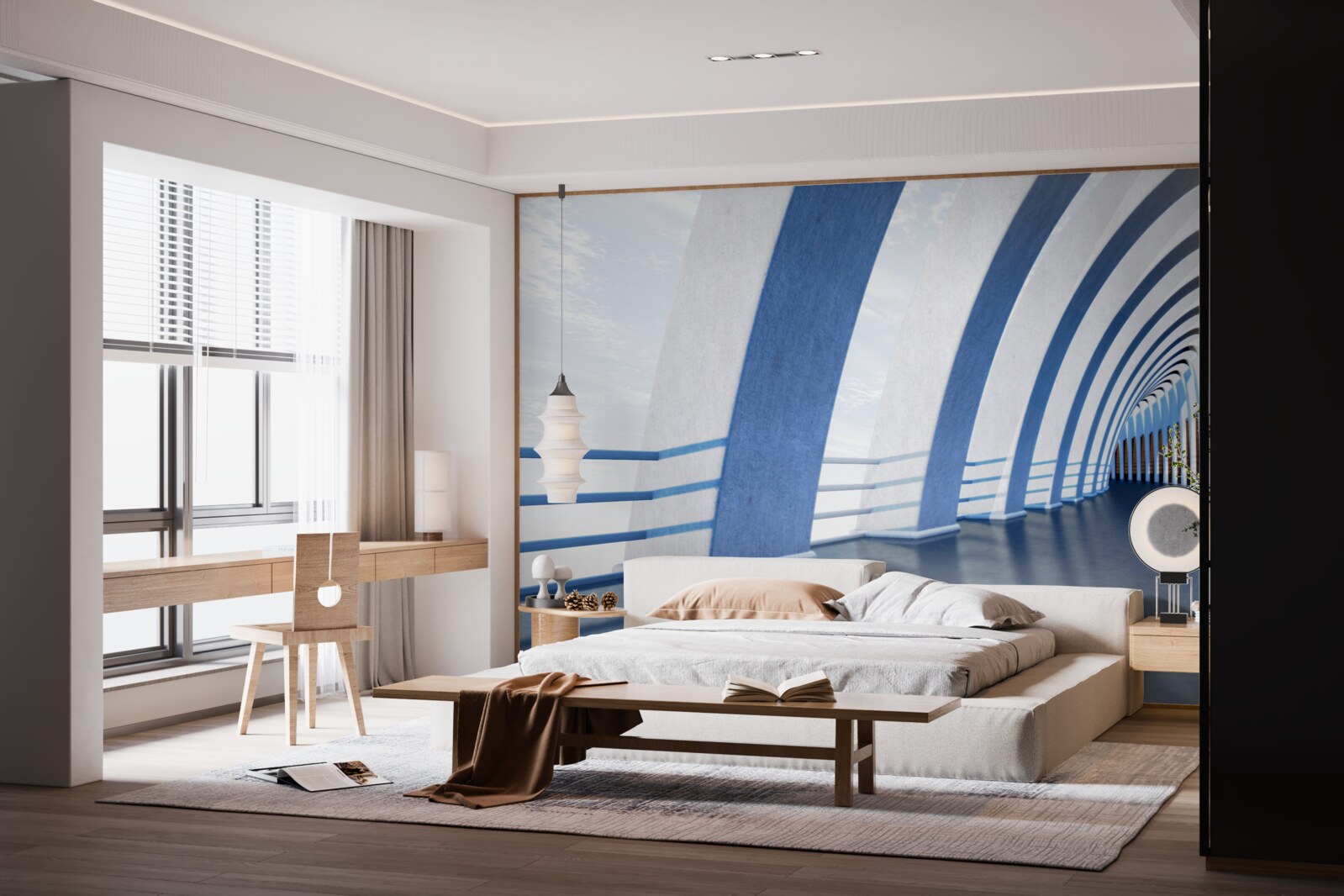 Fotobehang doorgang omringd door zuilen onder een heldere hemel