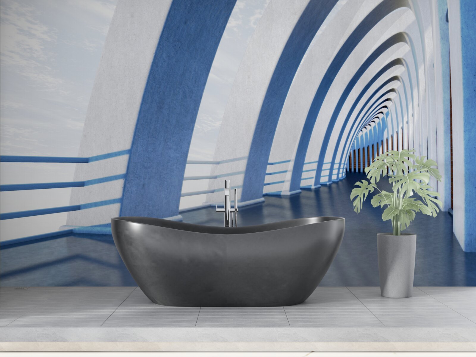 Fotobehang doorgang omringd door zuilen onder een heldere hemel