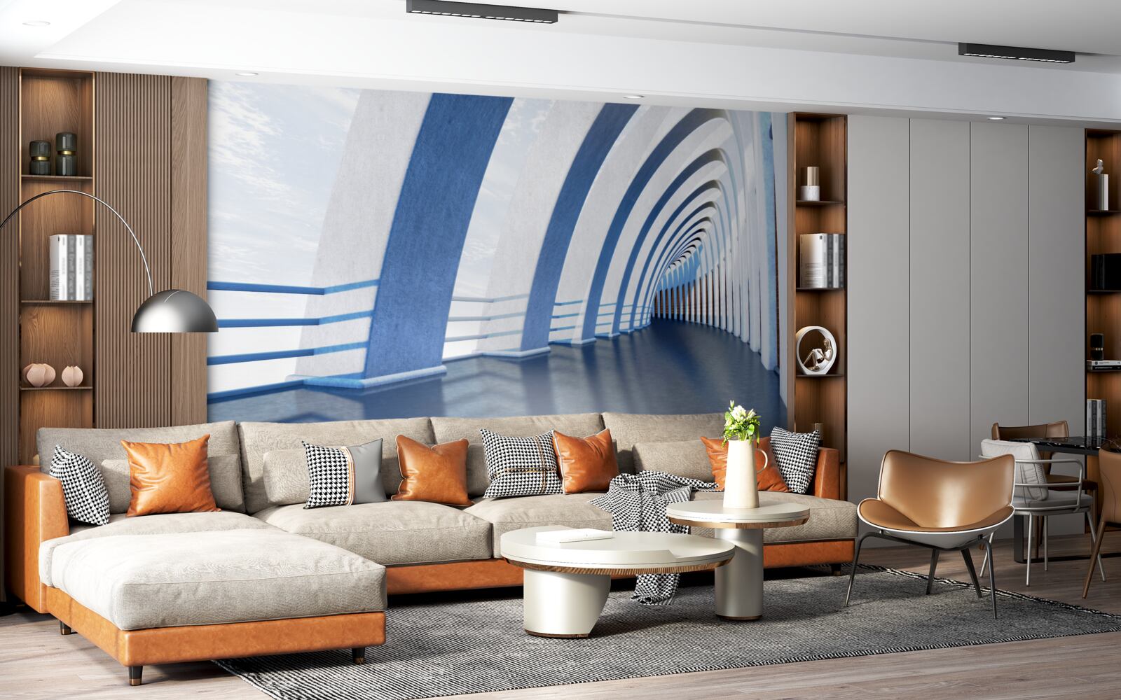 Fotobehang doorgang omringd door zuilen onder een heldere hemel