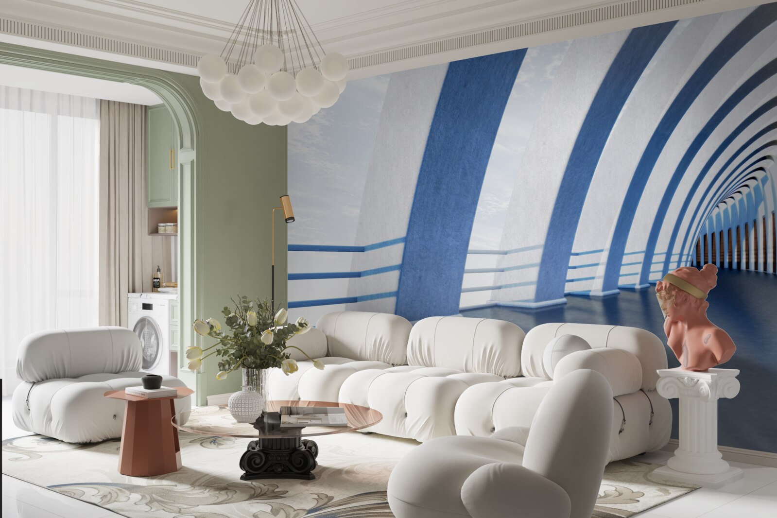 Fotobehang doorgang omringd door zuilen onder een heldere hemel