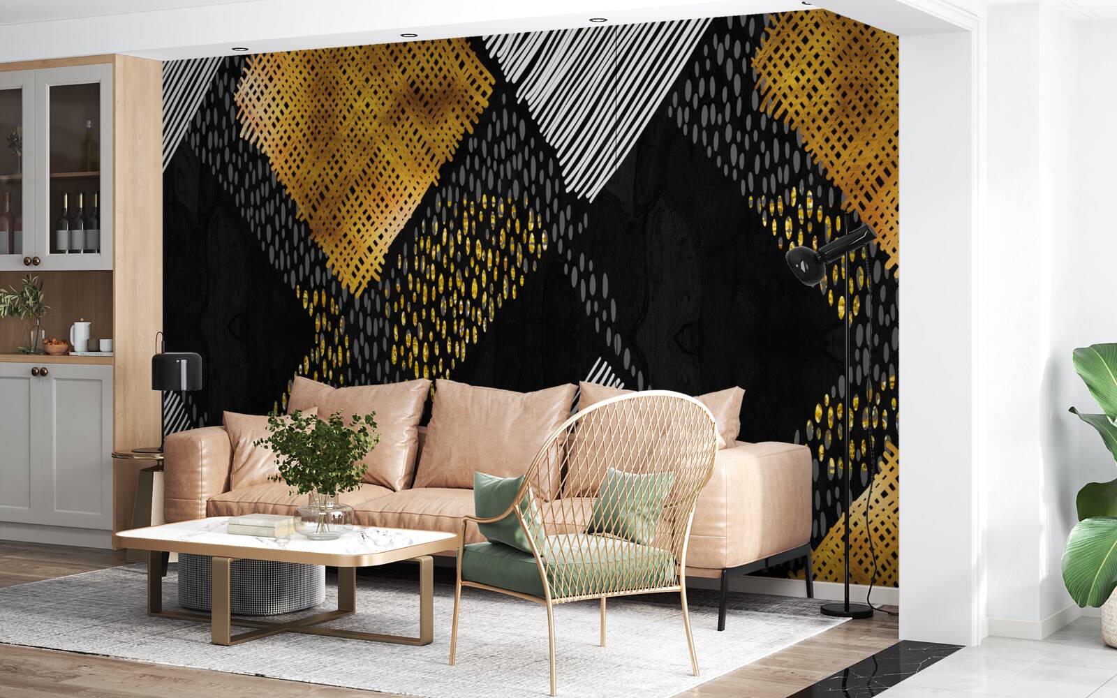 Fotobehang bergtoppen, zwart en goud