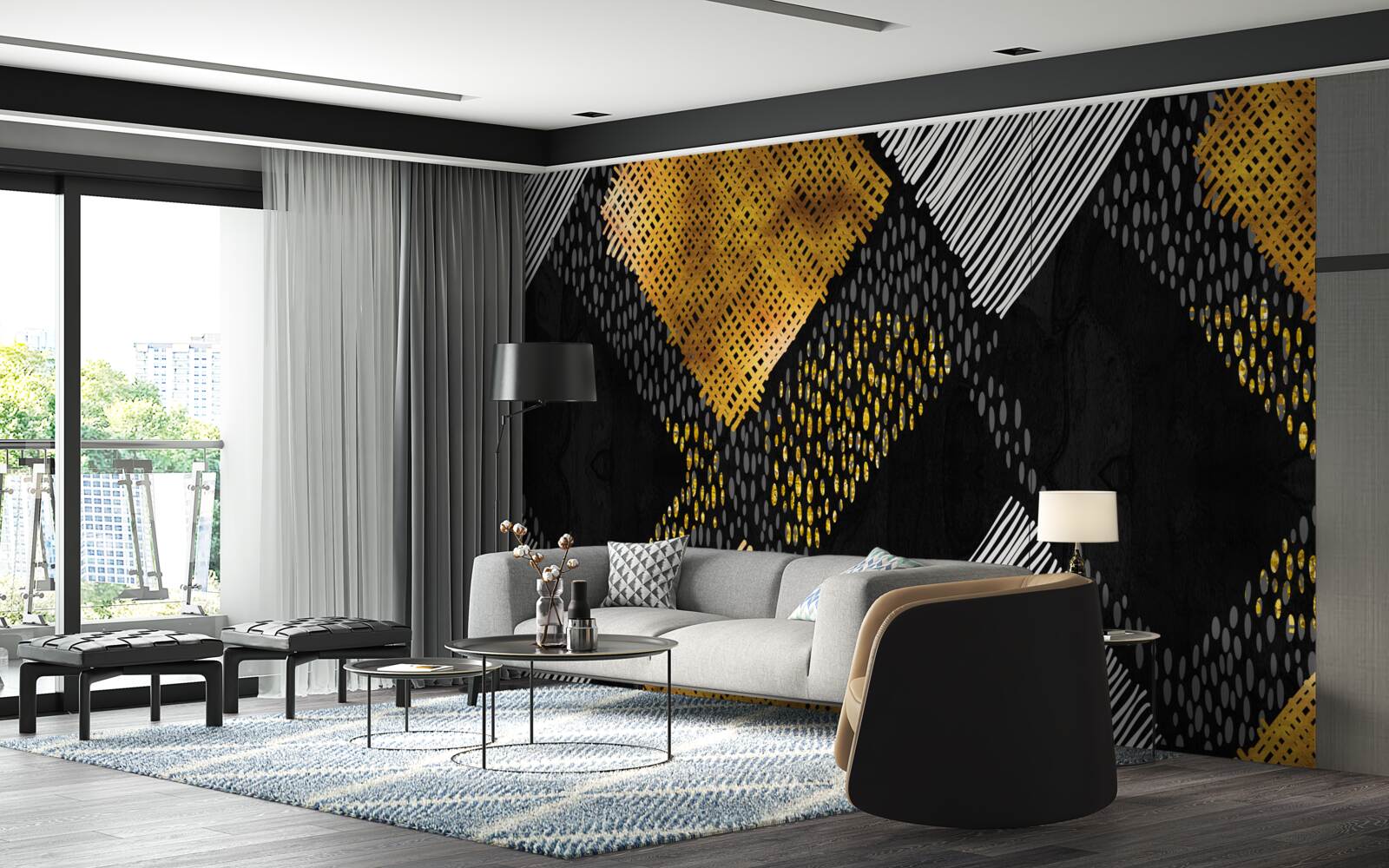 Fotobehang bergtoppen, zwart en goud