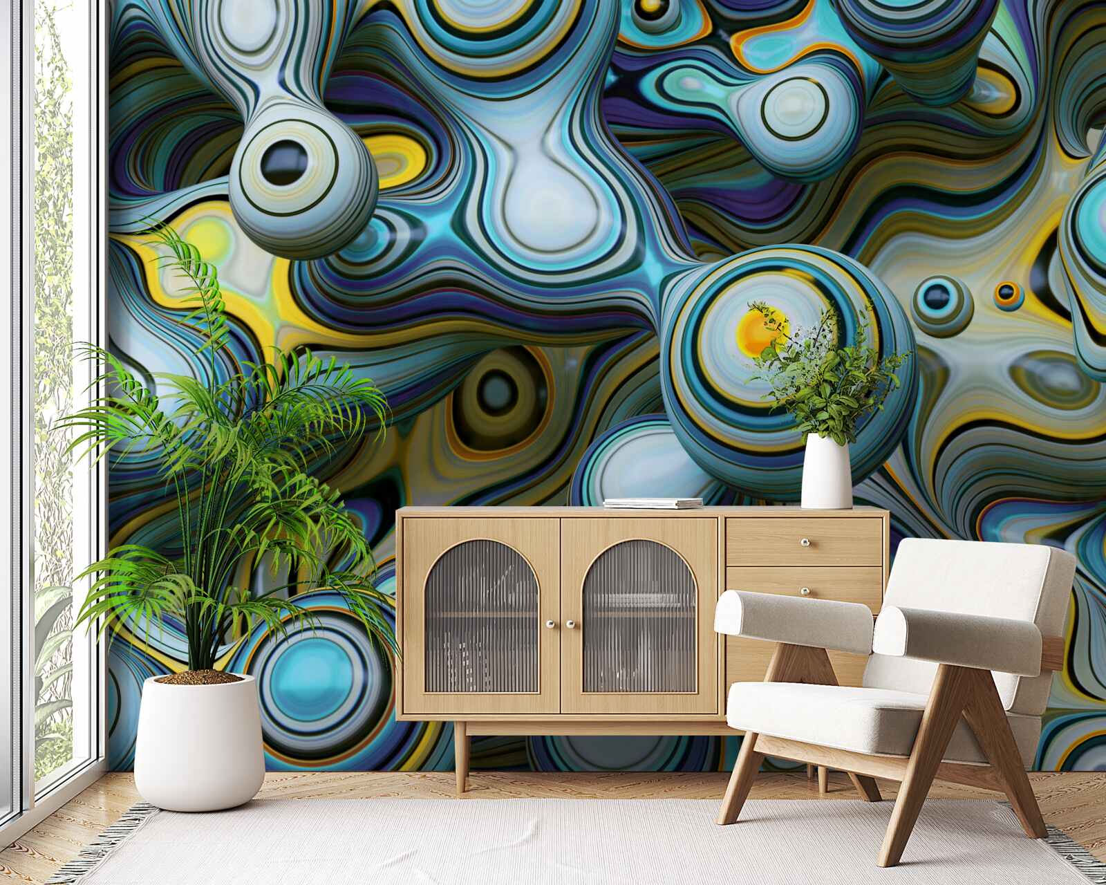 Fotobehang abstracte beelden van ballen en heldere stralen