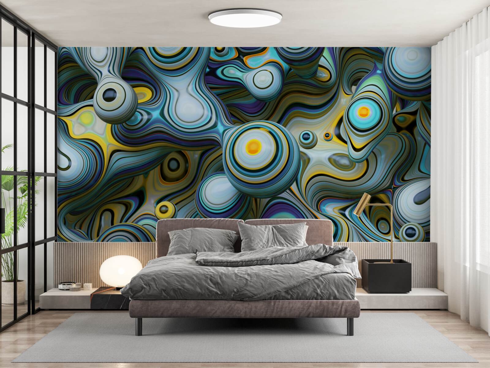 Fotobehang abstracte beelden van ballen en heldere stralen