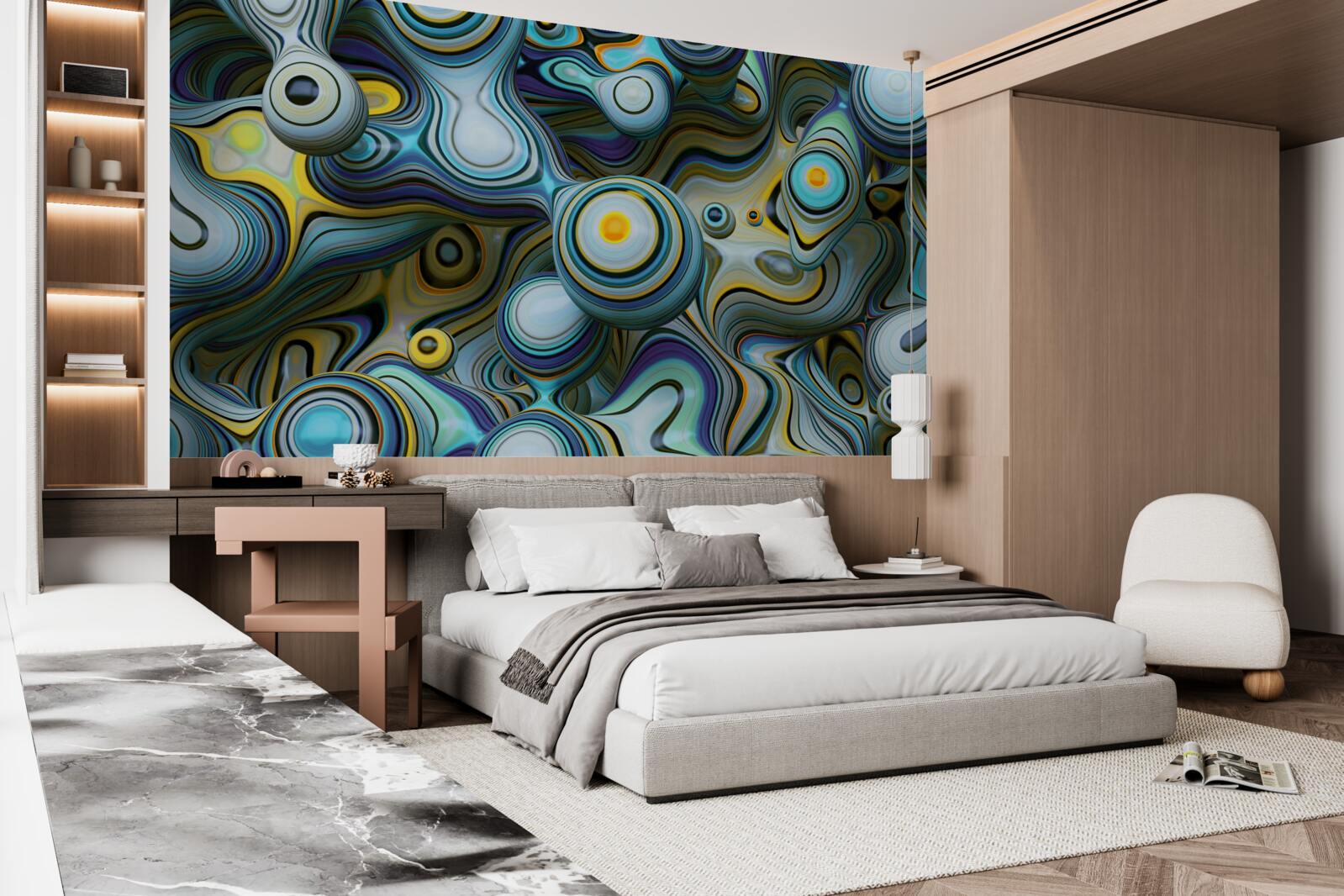 Fotobehang abstracte beelden van ballen en heldere stralen