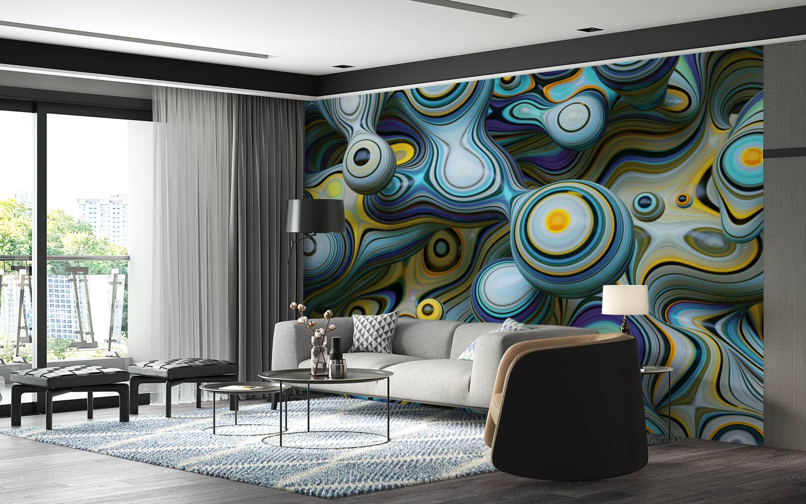 Fotobehang abstracte beelden van ballen en heldere stralen