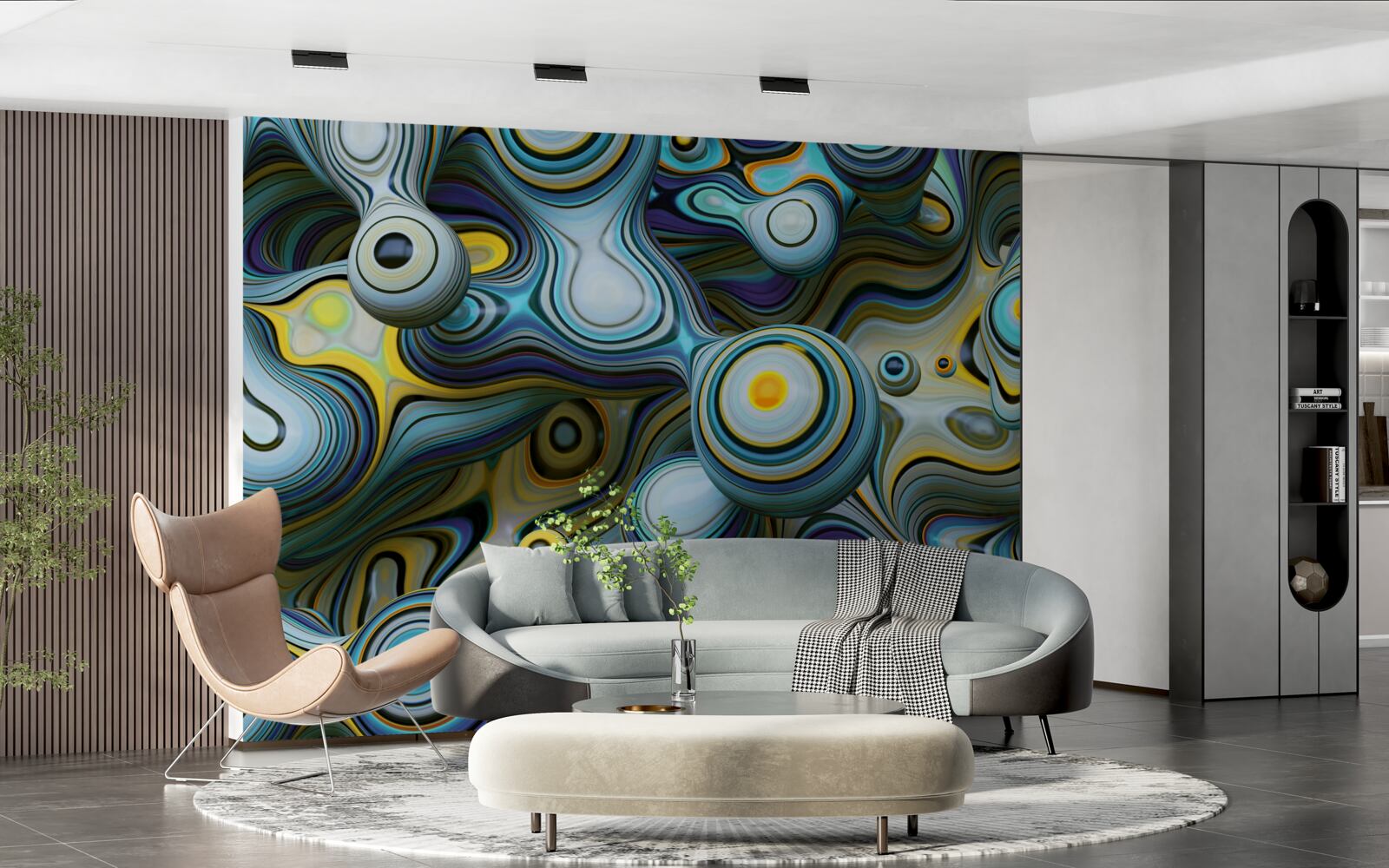 Fotobehang abstracte beelden van ballen en heldere stralen