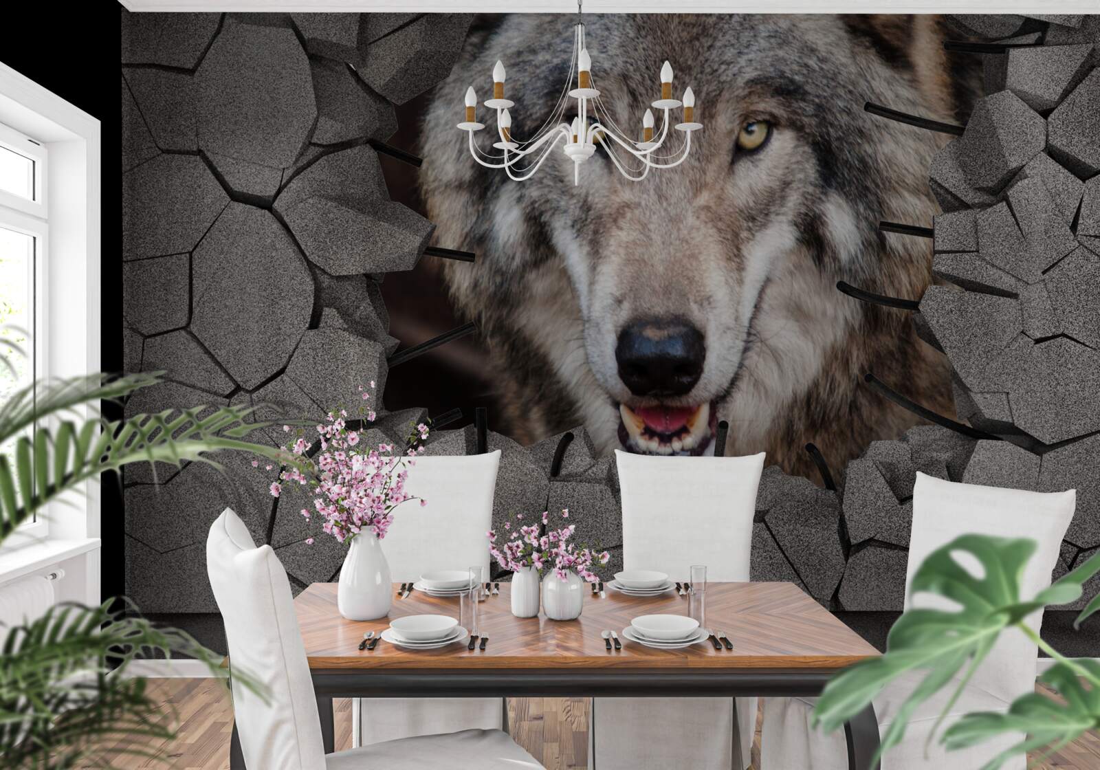 Fotobehang wolf van het woud vernietigt de muur