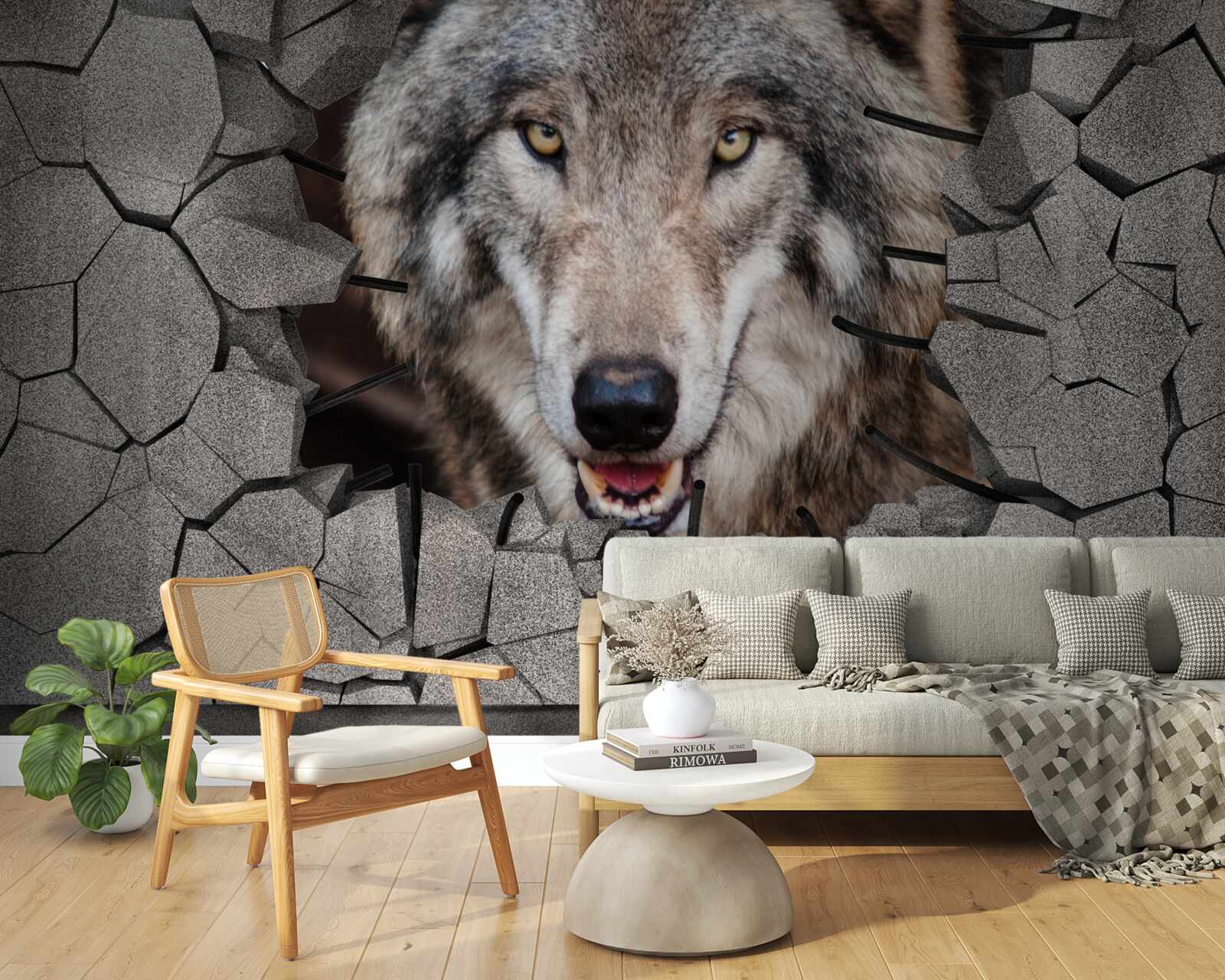 Fotobehang wolf van het woud vernietigt de muur