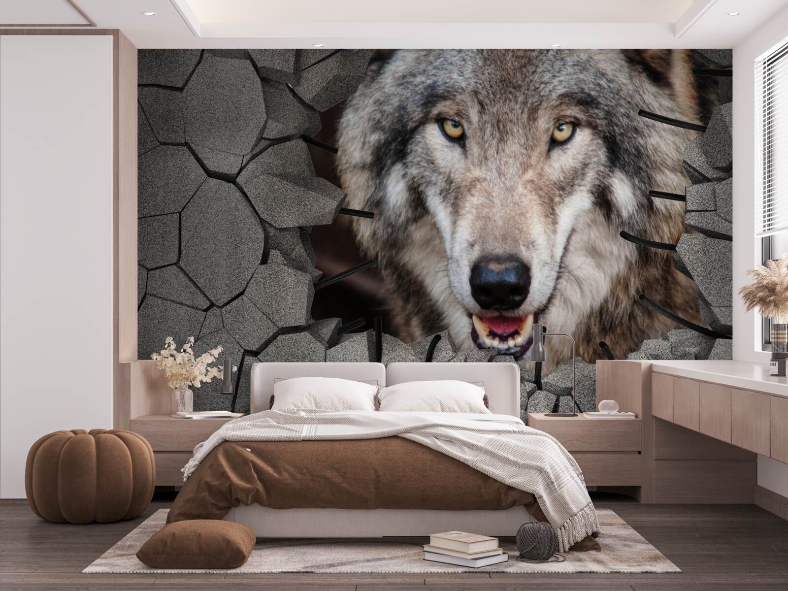 Fotobehang wolf van het woud vernietigt de muur