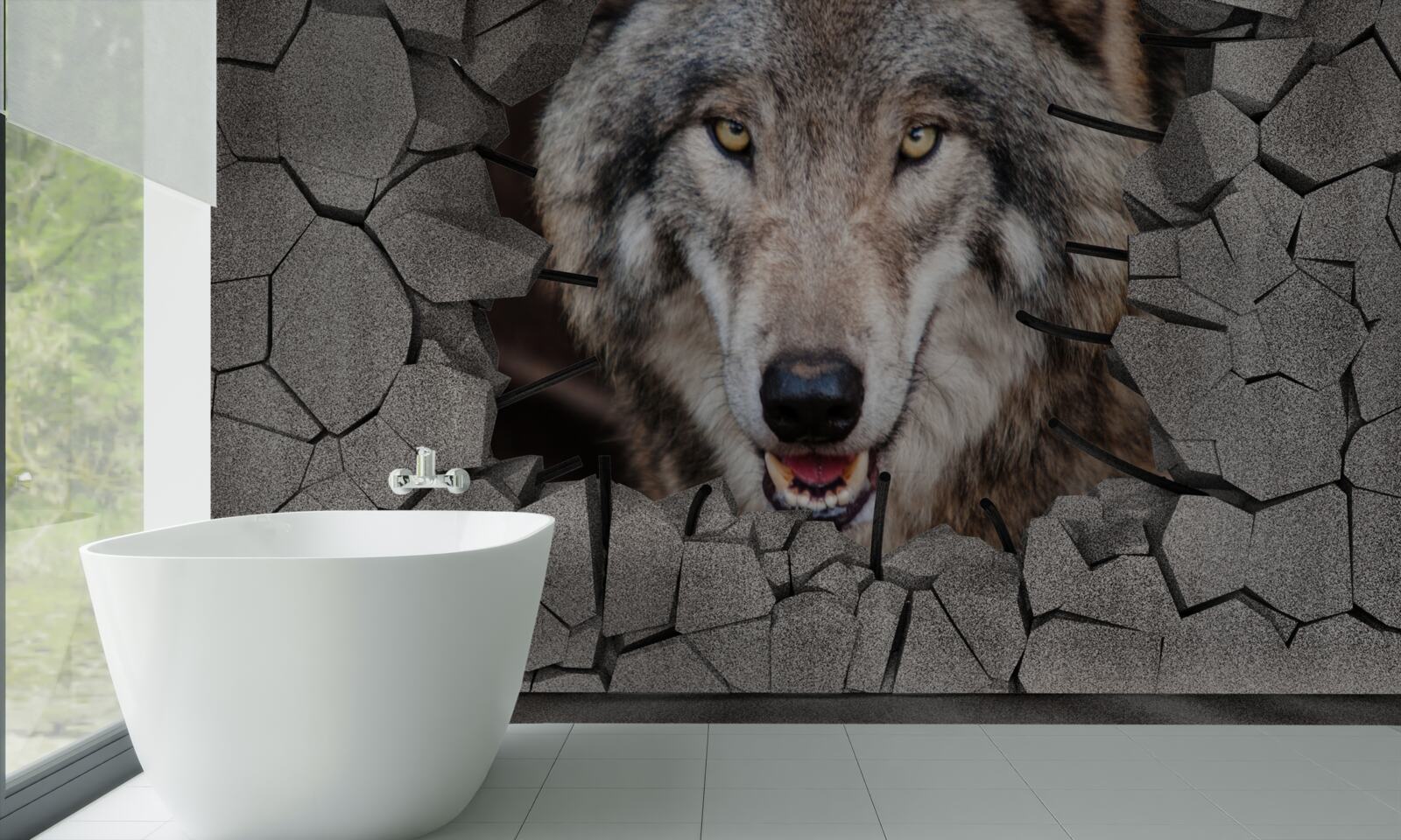 Fotobehang wolf van het woud vernietigt de muur