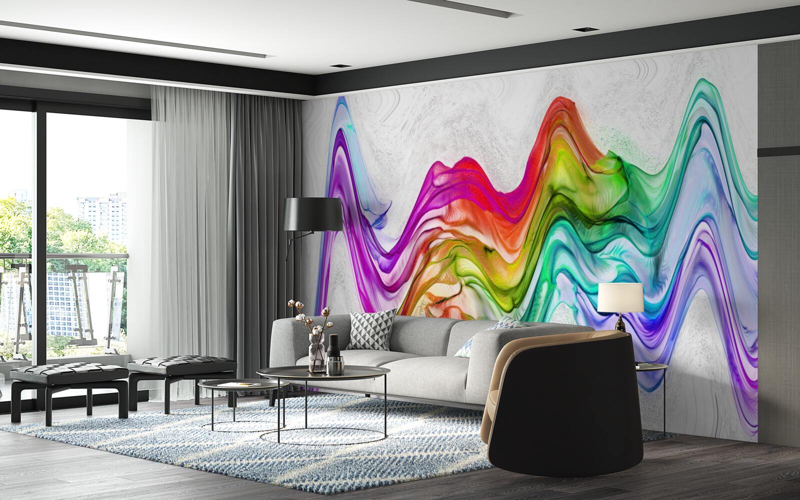 Fotobehang geluidsgolf gecombineerd met heldere lijnen