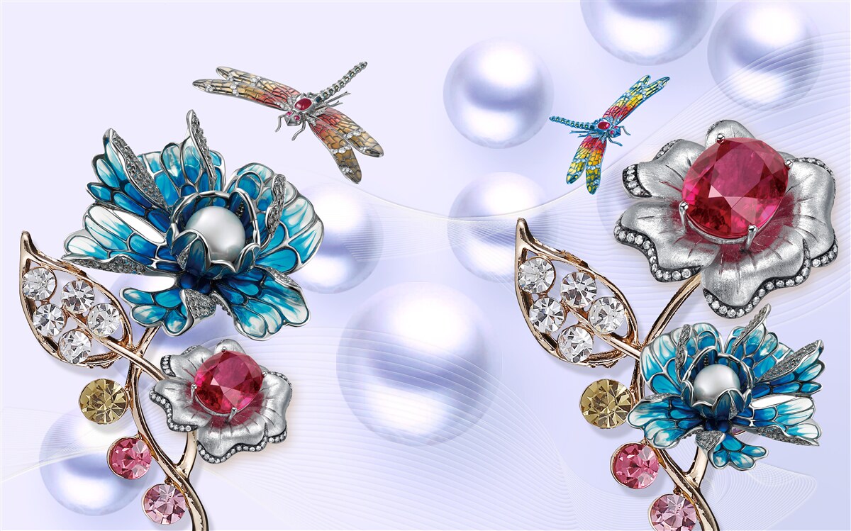 Fotobehang sierstenen met bloemmotieven en afbeeldingen van libellen