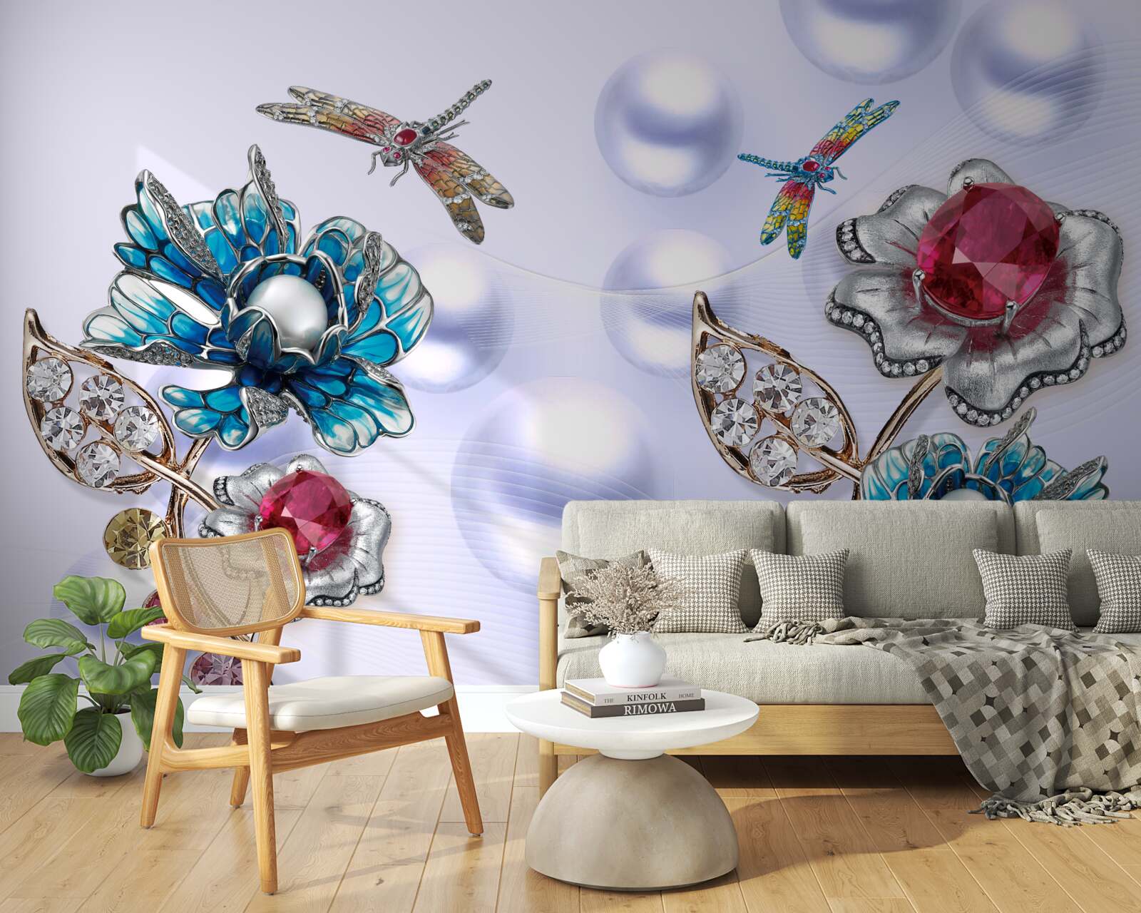 Fotobehang sierstenen met bloemmotieven en afbeeldingen van libellen