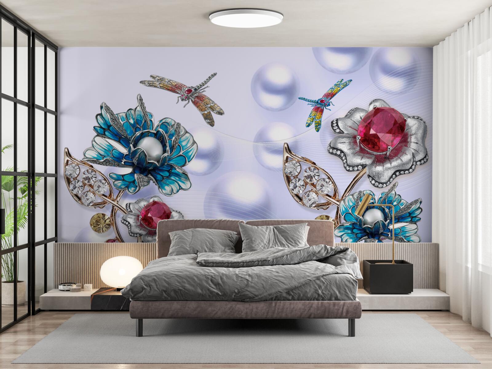 Fotobehang sierstenen met bloemmotieven en afbeeldingen van libellen