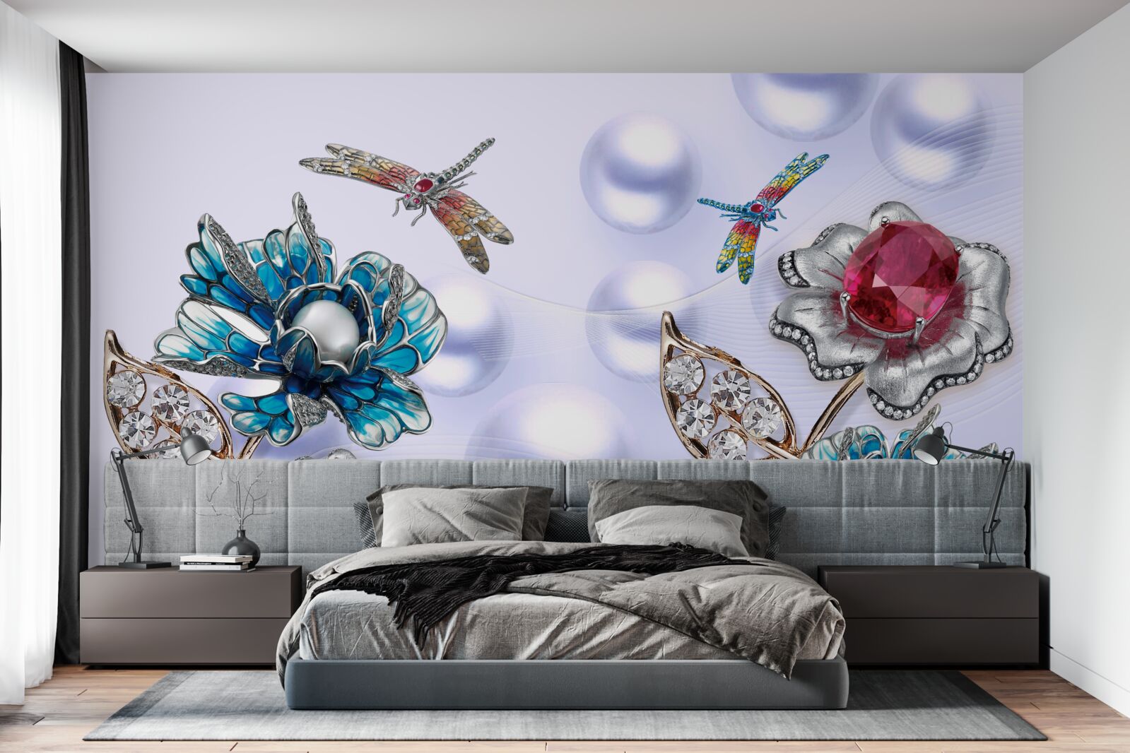 Fotobehang sierstenen met bloemmotieven en afbeeldingen van libellen