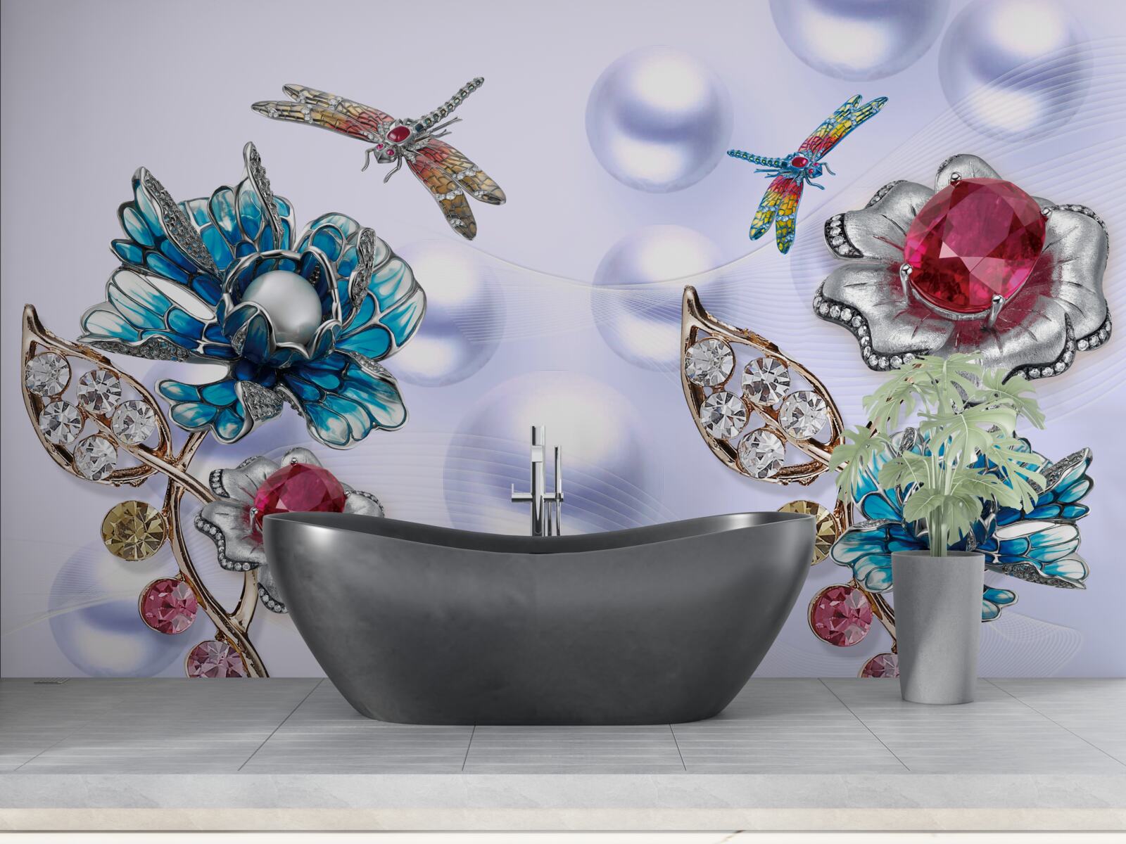 Fotobehang sierstenen met bloemmotieven en afbeeldingen van libellen