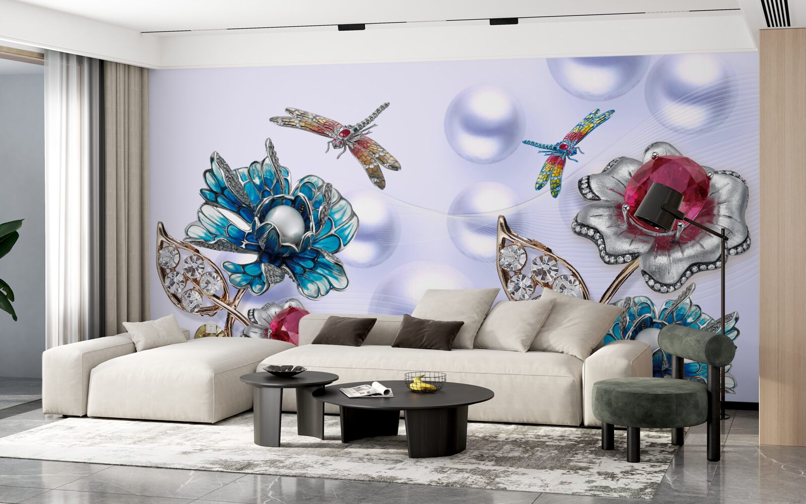 Fotobehang sierstenen met bloemmotieven en afbeeldingen van libellen