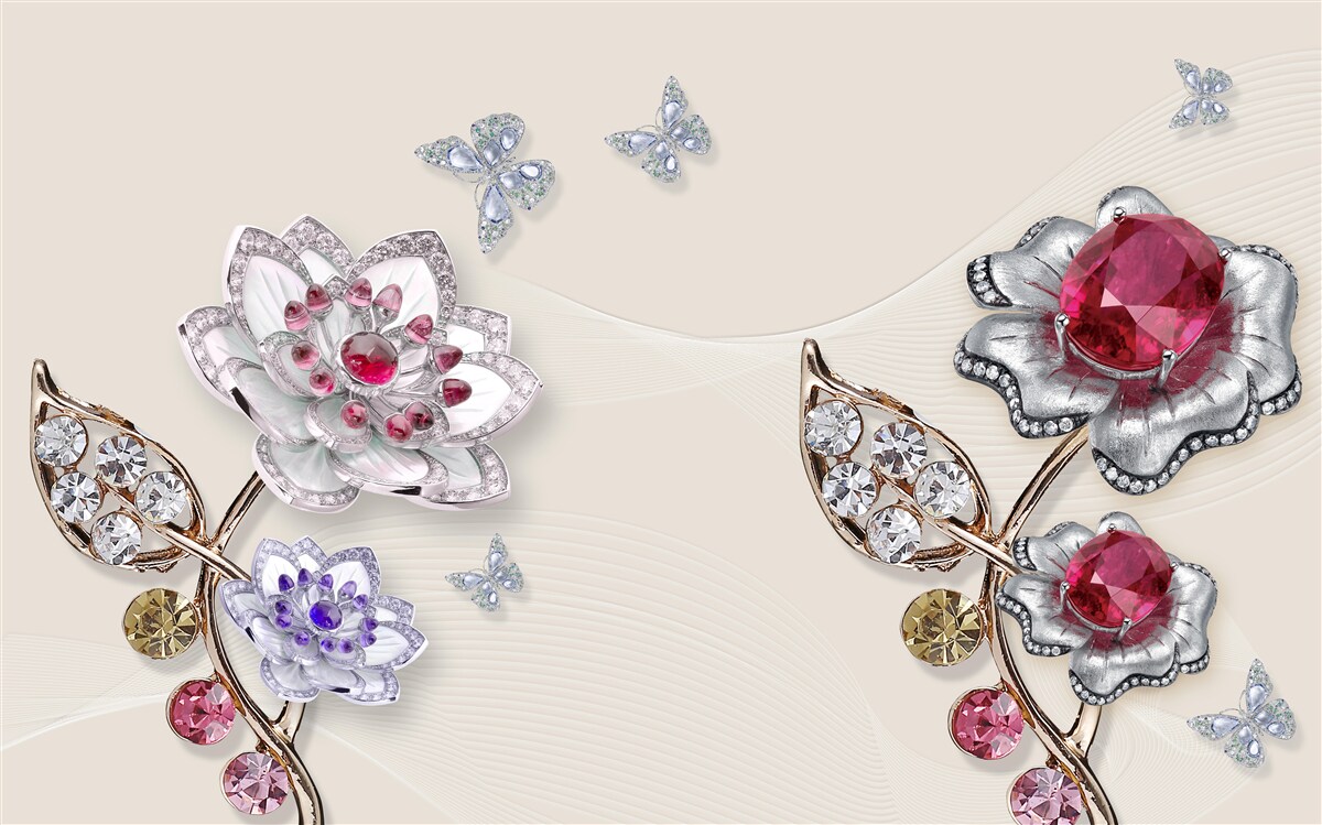 Fotobehang gouden bloemen versierd met edelstenen verrukken met hun schoonheid