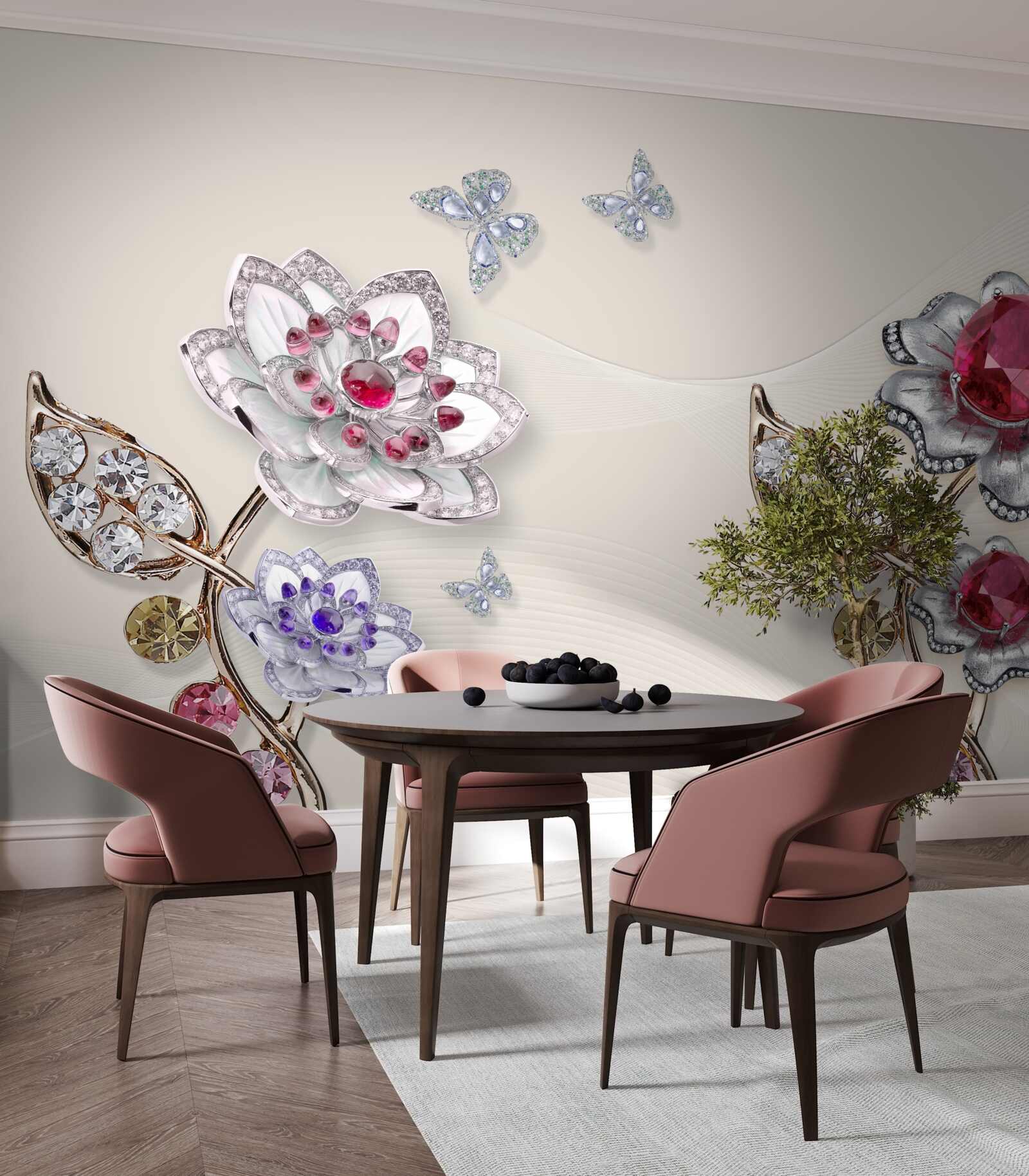 Fotobehang gouden bloemen versierd met edelstenen verrukken met hun schoonheid