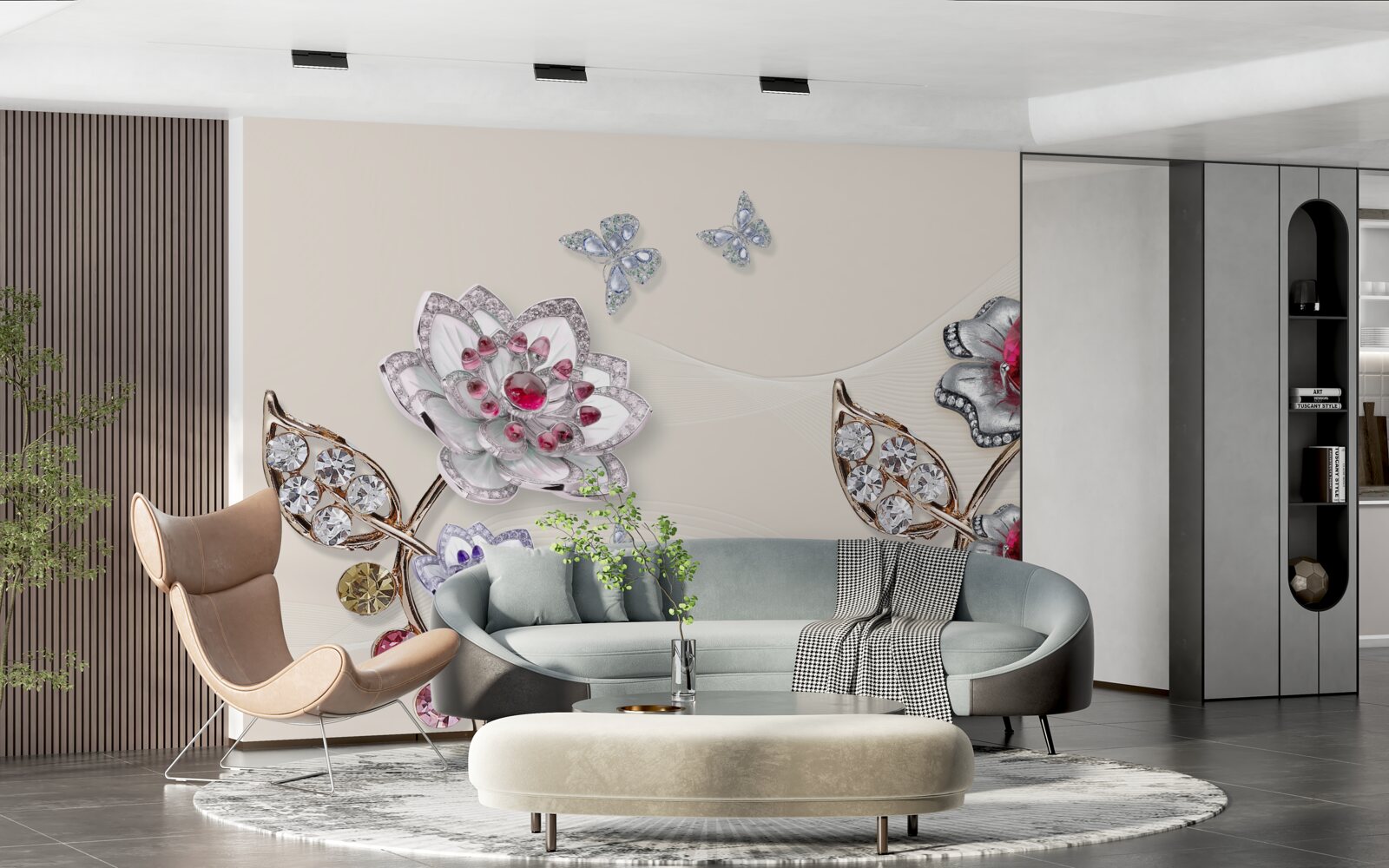 Fotobehang gouden bloemen versierd met edelstenen verrukken met hun schoonheid