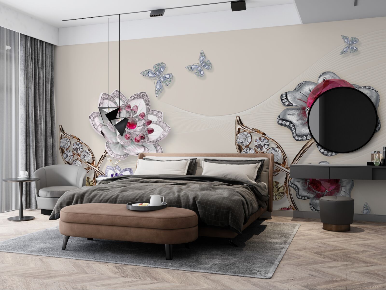 Fotobehang gouden bloemen versierd met edelstenen verrukken met hun schoonheid