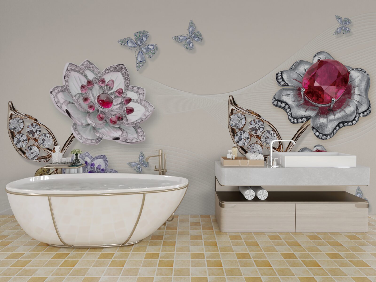 Fotobehang gouden bloemen versierd met edelstenen verrukken met hun schoonheid