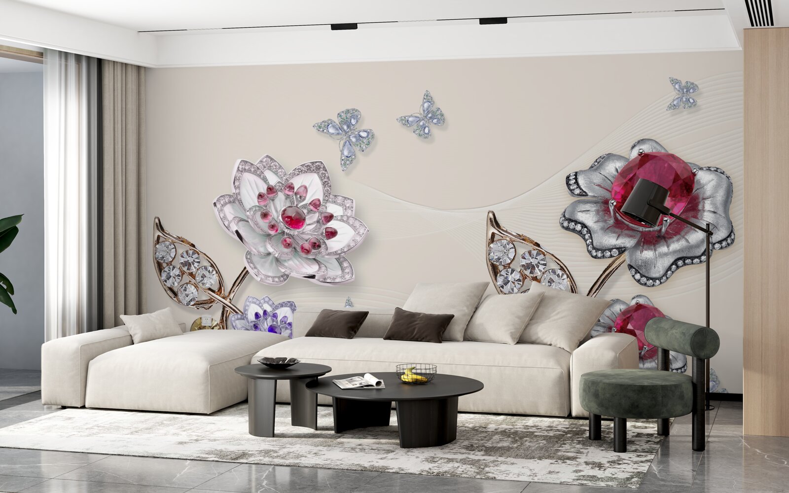 Fotobehang gouden bloemen versierd met edelstenen verrukken met hun schoonheid