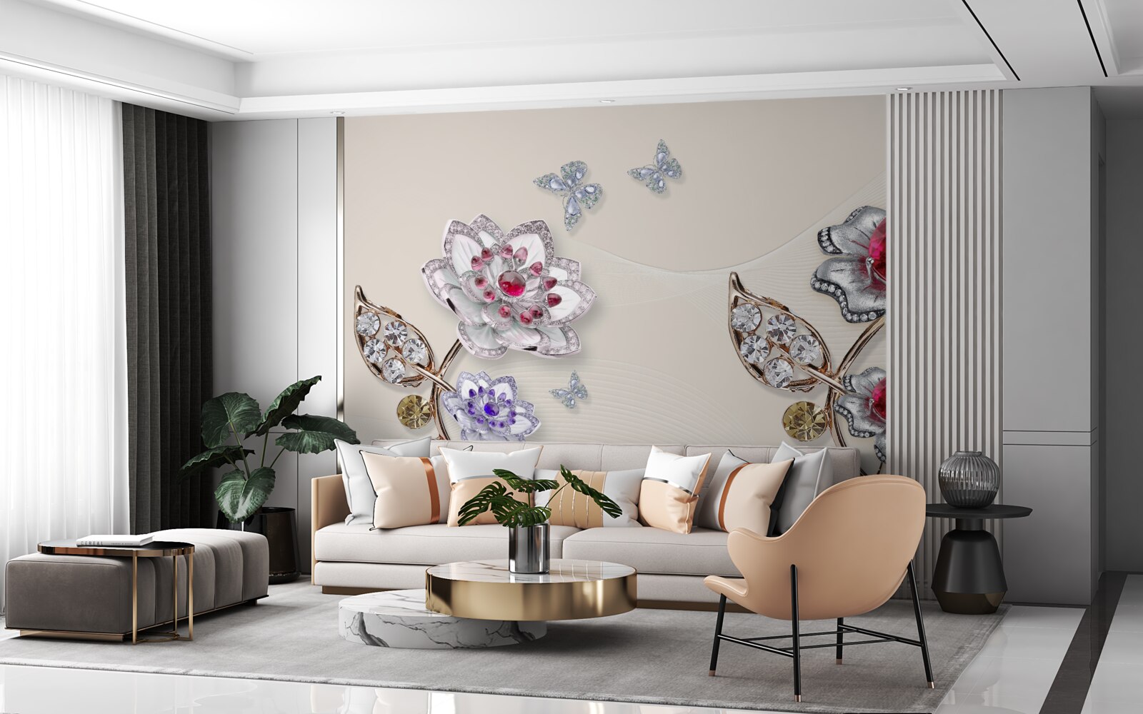 Fotobehang gouden bloemen versierd met edelstenen verrukken met hun schoonheid