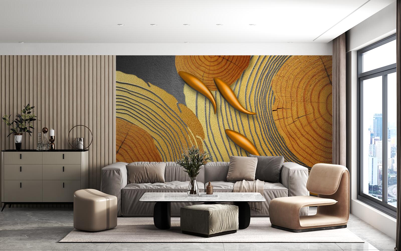 Fotobehang de beelden op de bomen zijn versierd met goudvissen