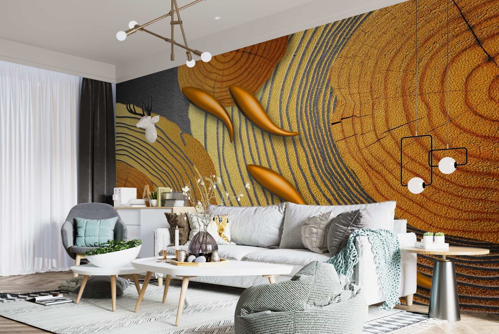 Fotobehang de beelden op de bomen zijn versierd met goudvissen