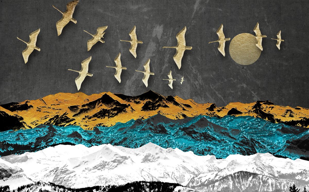 Fotobehang een groep kraanvogels glijdt over ruwe golven