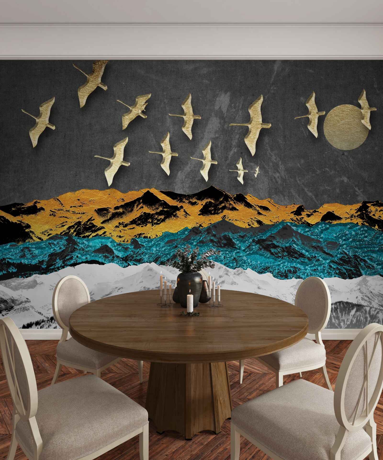 Fotobehang een groep kraanvogels glijdt over ruwe golven