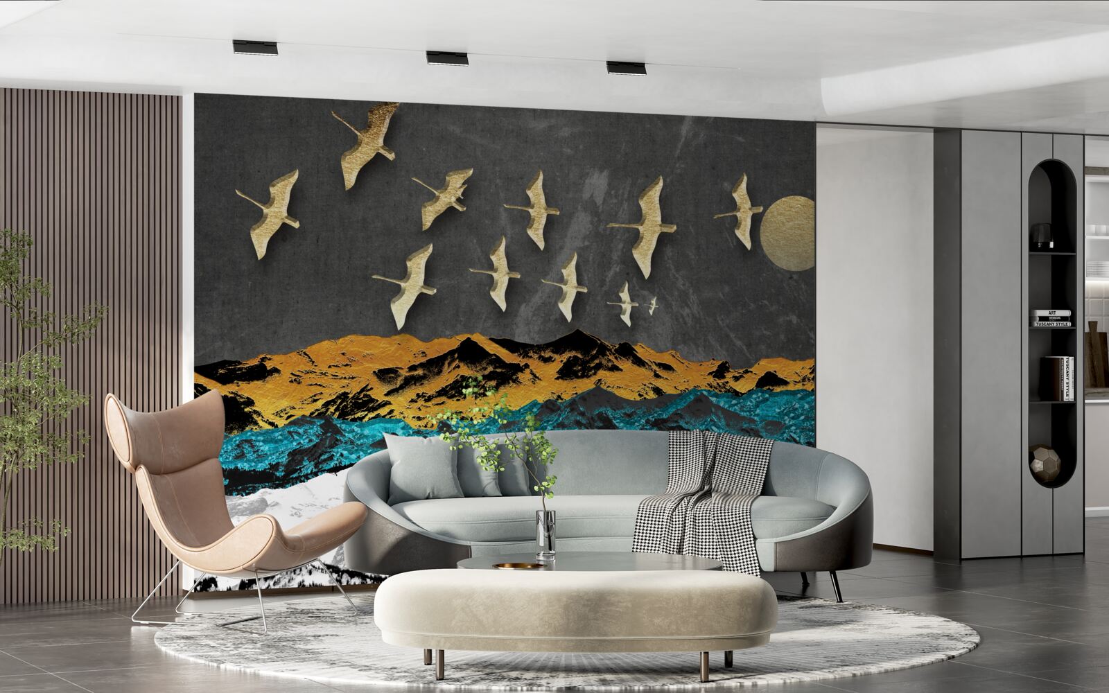 Fotobehang een groep kraanvogels glijdt over ruwe golven