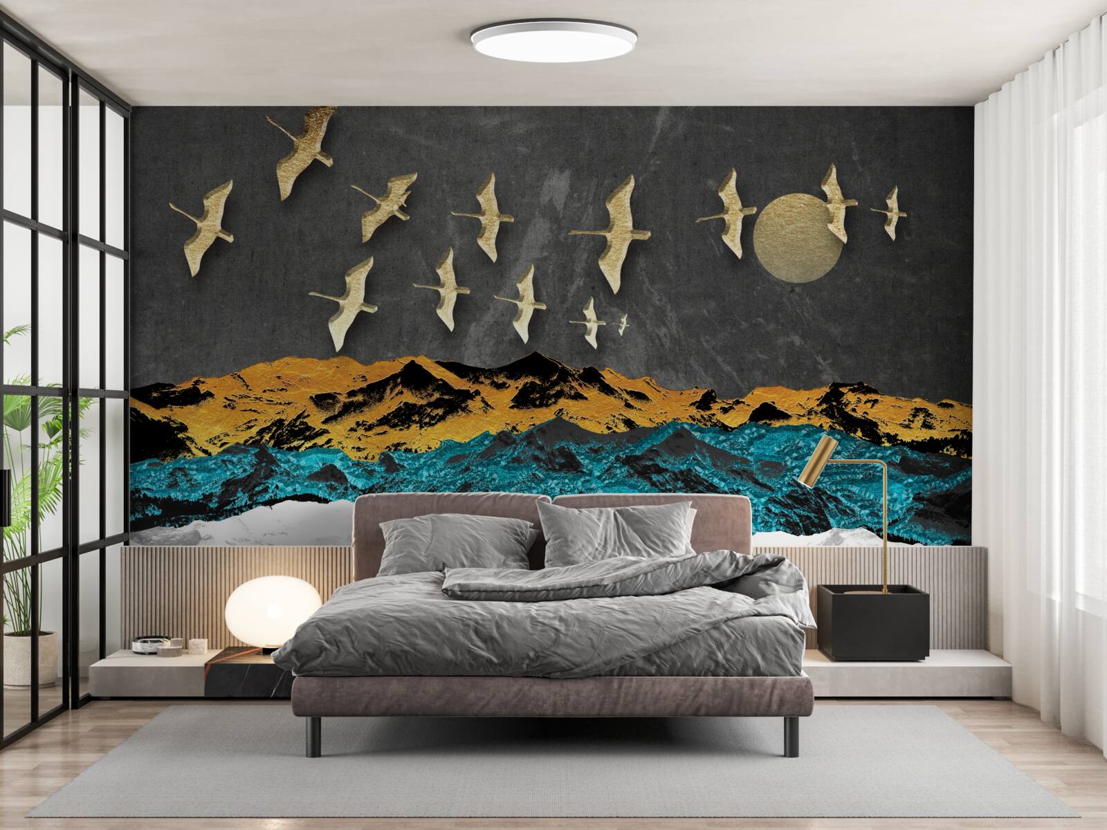 Fotobehang een groep kraanvogels glijdt over ruwe golven