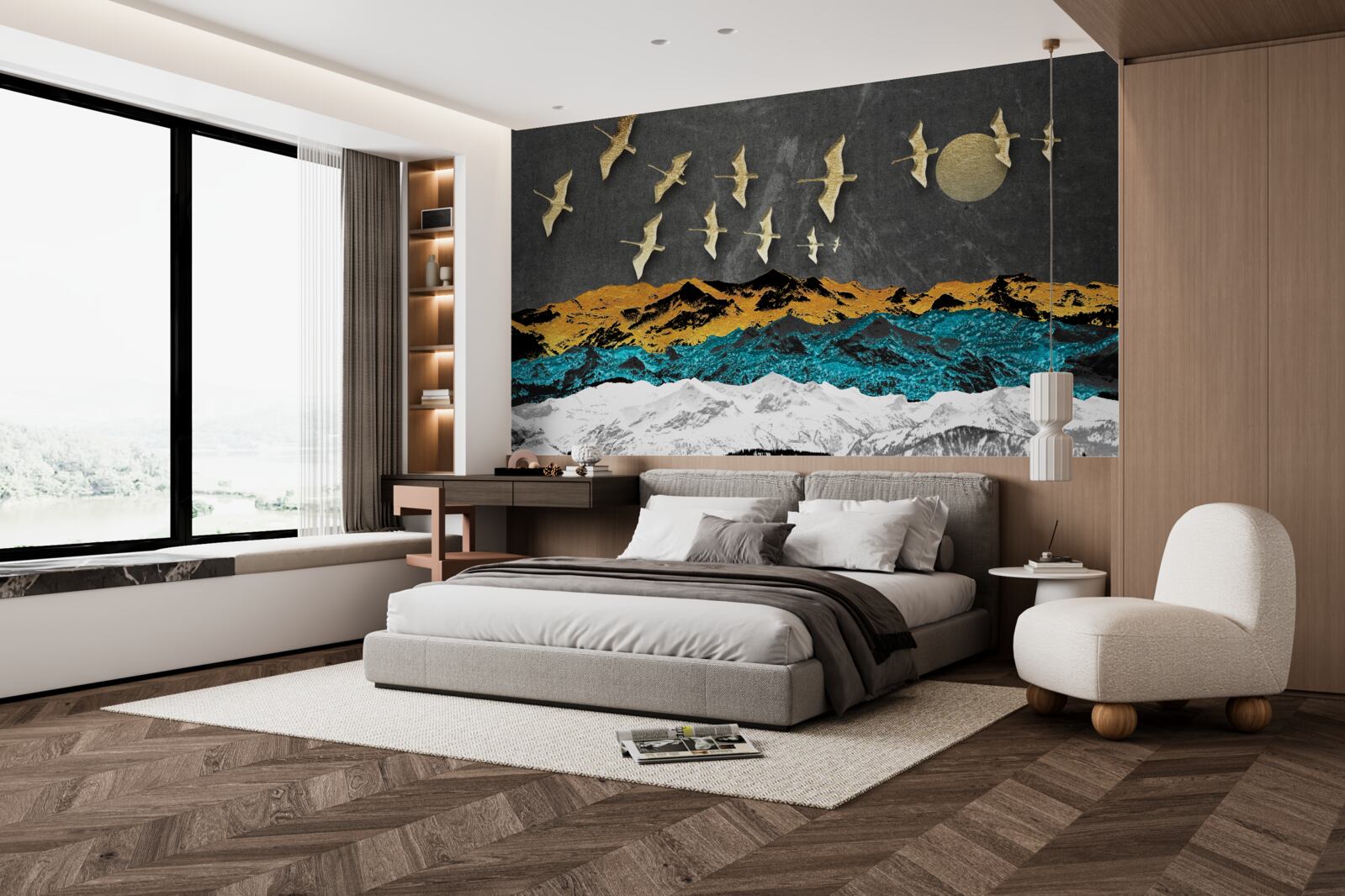 Fotobehang een groep kraanvogels glijdt over ruwe golven