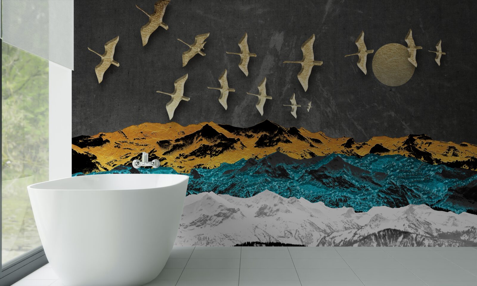 Fotobehang een groep kraanvogels glijdt over ruwe golven