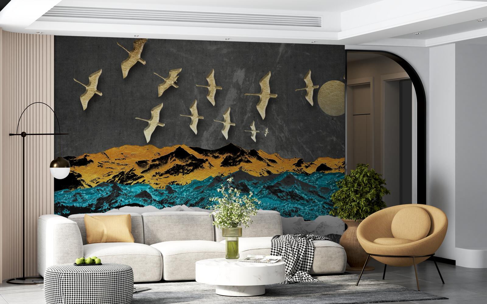 Fotobehang een groep kraanvogels glijdt over ruwe golven